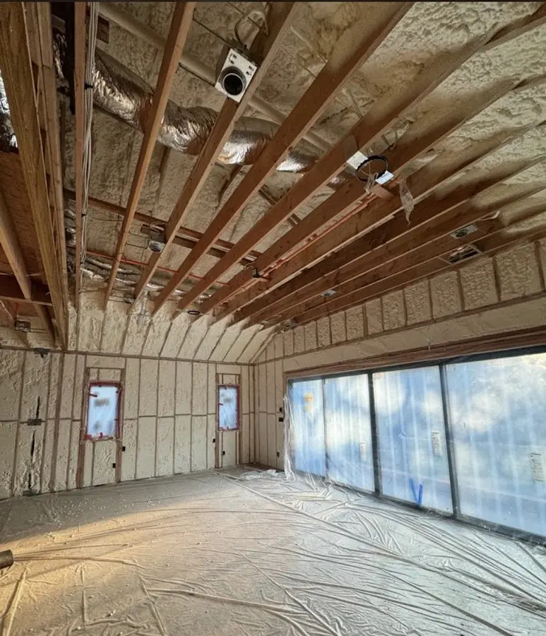 Interior walls and ceiling insulated with spray foam during new construction in Shillington